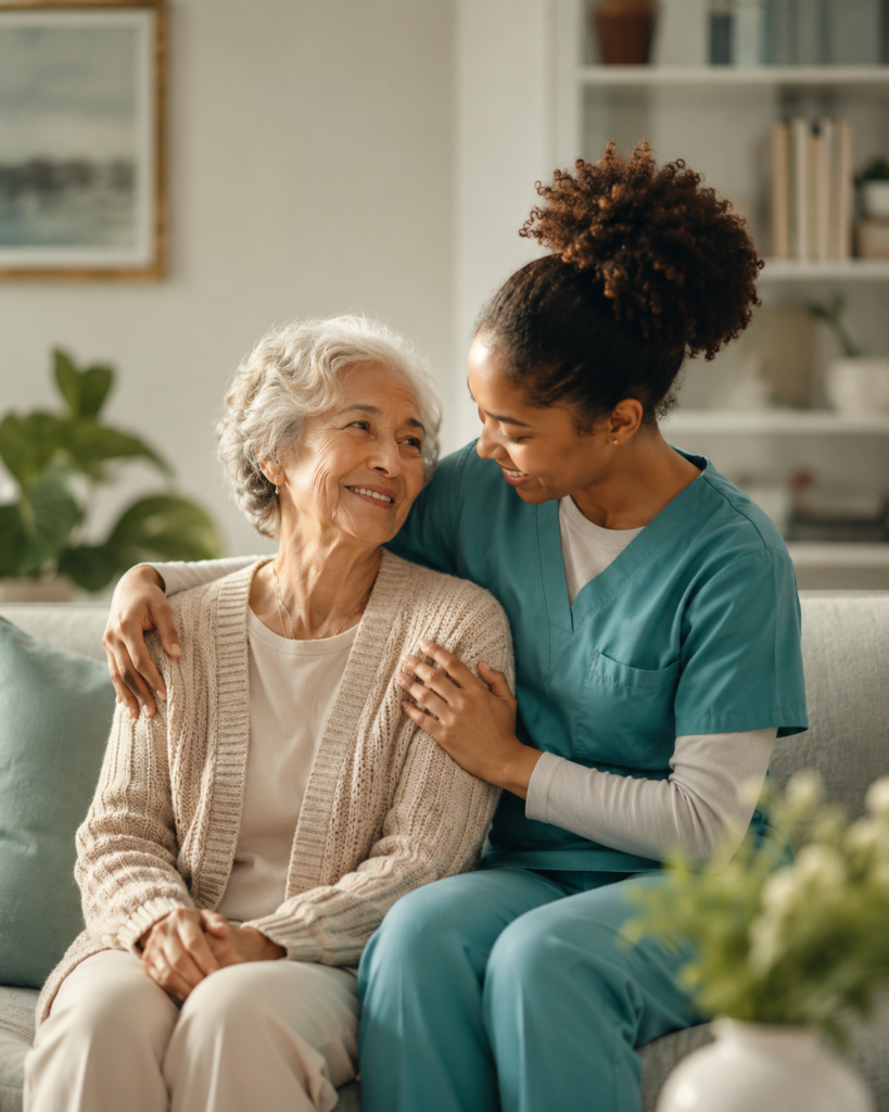 Caregiver providing supportive care for an older adult in a comfortable home setting